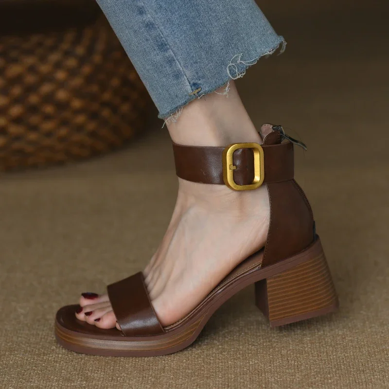 Free Shipping PU Mid Heel Sandals 2023 High Quality Buckle Strap Ladies Shoes Solid Shallow Square Heel Fashion Women\'s Sandals