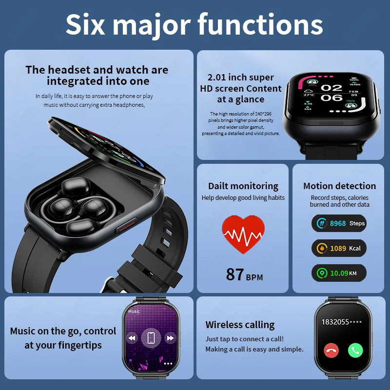 LIGE TWS 2 in 1 Clip-on Headphones Smart Watch 2.01" HD Bluetooth Voice Calling Health Monitor Sport Smartwatch for Android iOS