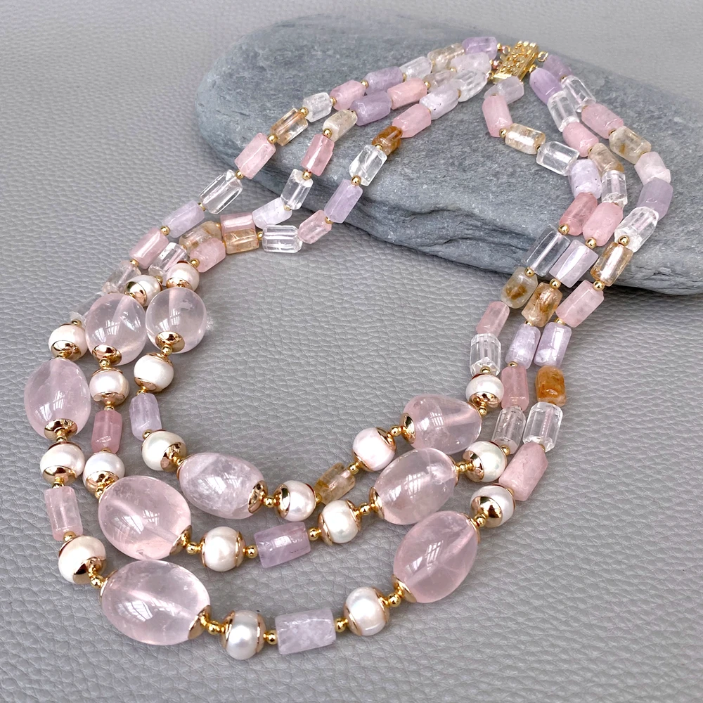 

3 Strand Real Gemstone Necklace Pink Rose Quartz Citrine Amethyst Quartz Multilayer Necklaces Women Elegant Gifts