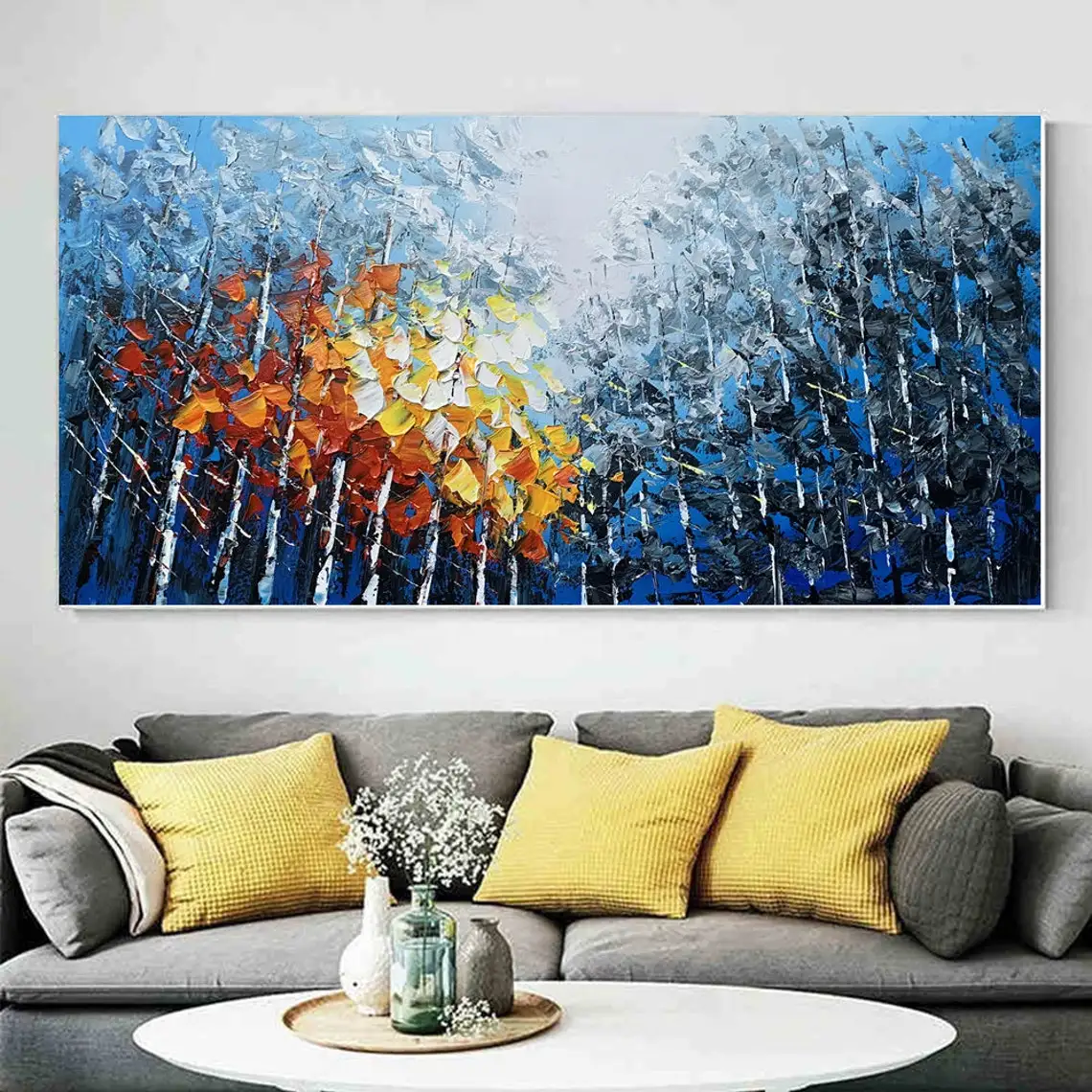 

Hand Painted Oil Painting Colorful Forest Painting On Canvas Abstract Blue Sky & White Clouds Landscape Painting Wall Art Decor