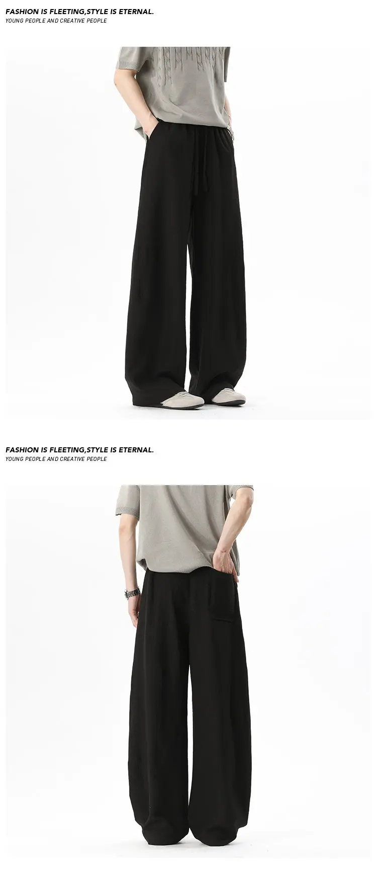 Herrenhose mit Kordelzug, elastischem Bund, weitem Bein, strukturiertem Stoff, locker geschnitten, gerade Hose für den Sommer, lässiges Alltagsoutfit. – Detail 7