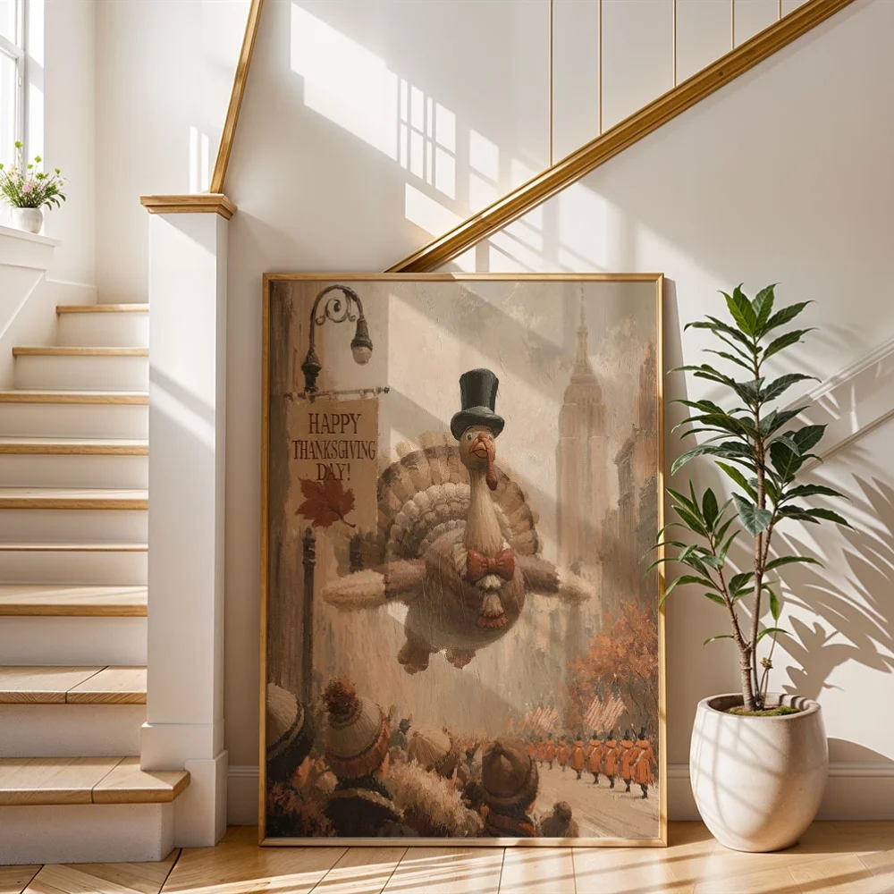Vintage Thanksgiving Turkey Parade Canvas Poster Wall Art,2D Print Wall Decor,Festival Home Gift