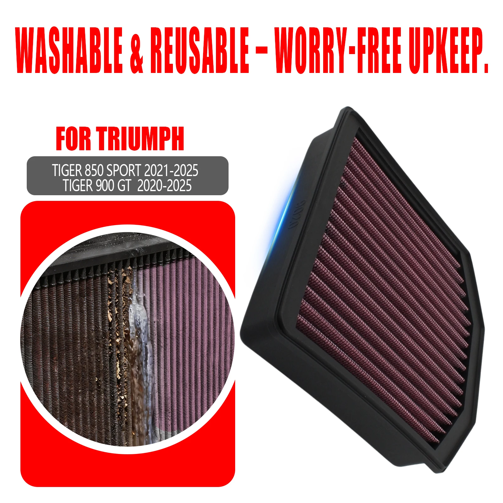 For Triumph Tiger 850 2021-2025 Tiger 800 2020-2025 Motorcycle Washable Recyclable High Flow Air Filter Intake Cleaner