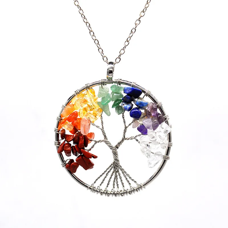 Colorful Natural Stone Fortune Tree Necklace Gravel Crystal Tree of Life Design Chain Necklace for Men and Women