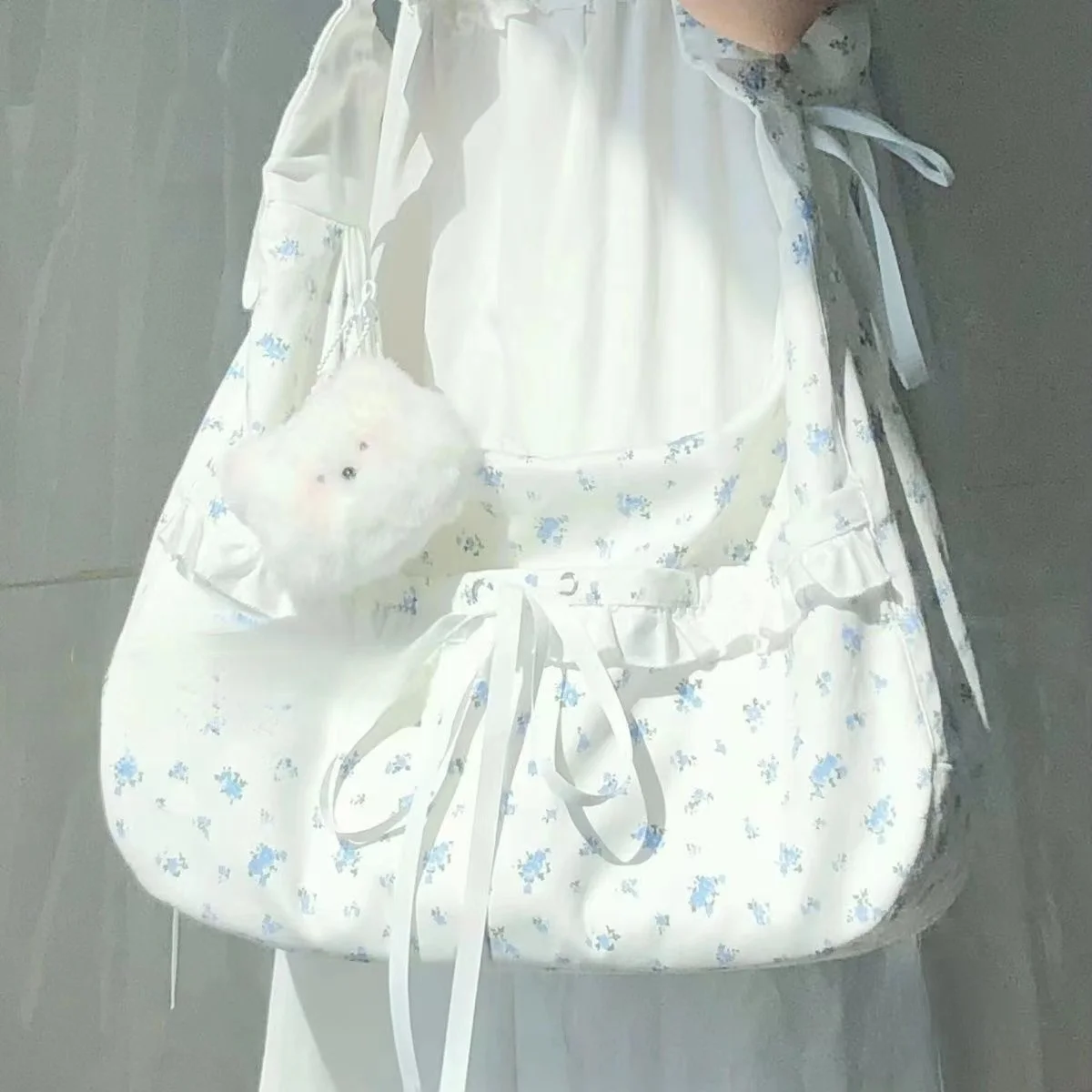 

Spring Floral New Single Shoulder Crossbody Bag with Bow Cute Korean Style Cloth Bags for Women