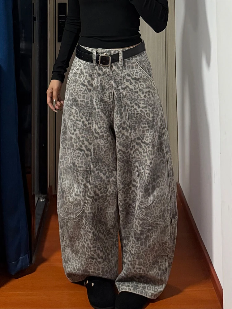 

Retro American Leopard Print Thin Denim Pants High Waist Wide Leg Jeans for Women Casual Style Autumn Winter Fashion