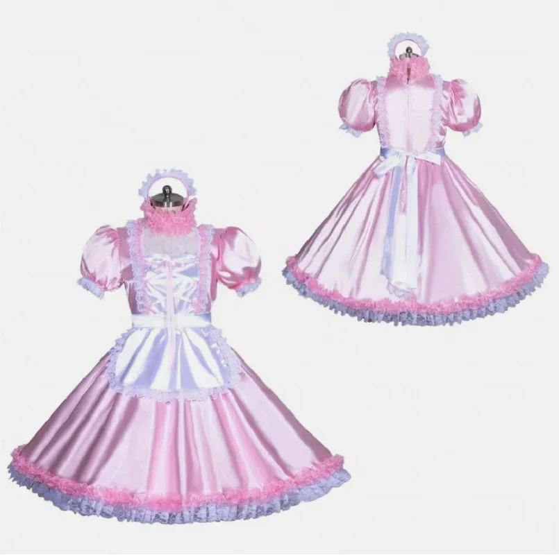 

French maid girl Sisi can lock pink satin dress cosplay costume customization