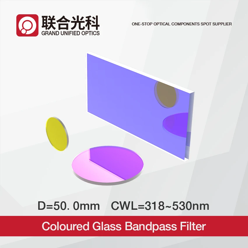 

Colored Black Blue Glass Optical Filter Bandpass Diameter 50mm CWL 318nm to 530nm