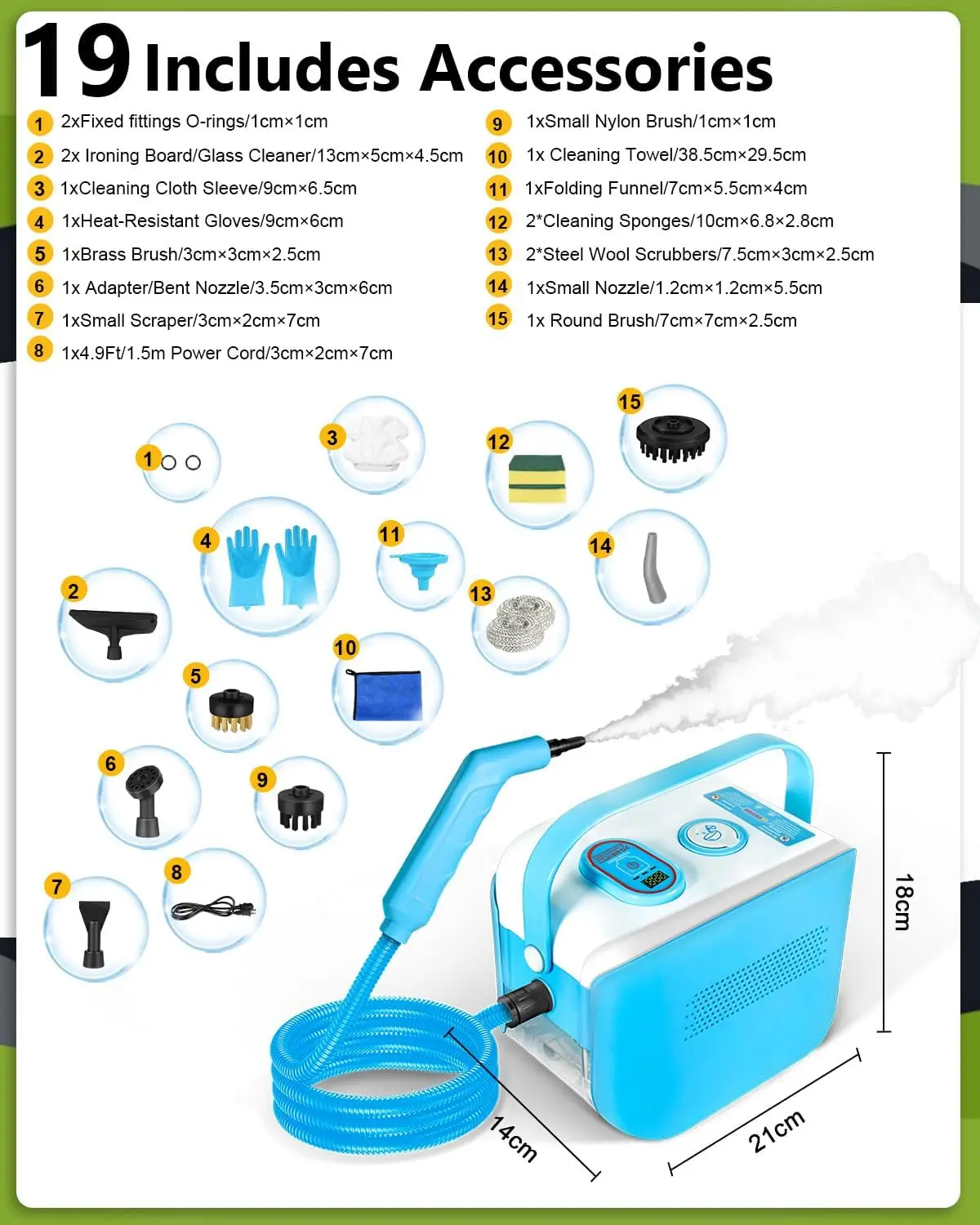 ハンドヘルドスチームクリーナー、10秒で加熱、2.1クォートタンク、4.5BAR高圧、ブルー