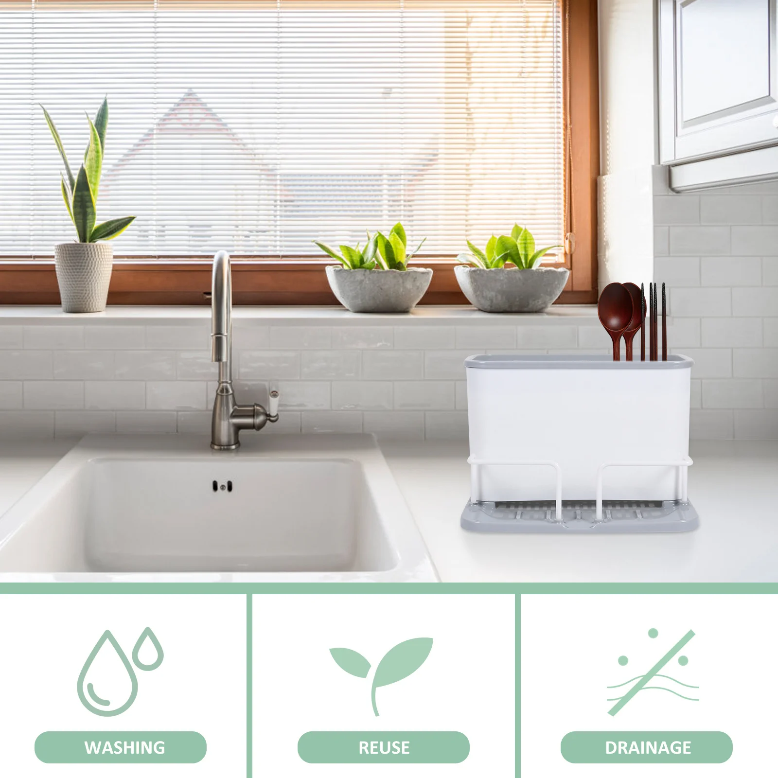 

1pc Kitchen Utensil Storage Holder Dish Rack Organizer Drain Tray Anti-Mildew Detachable Design Countertop Flatware Holders