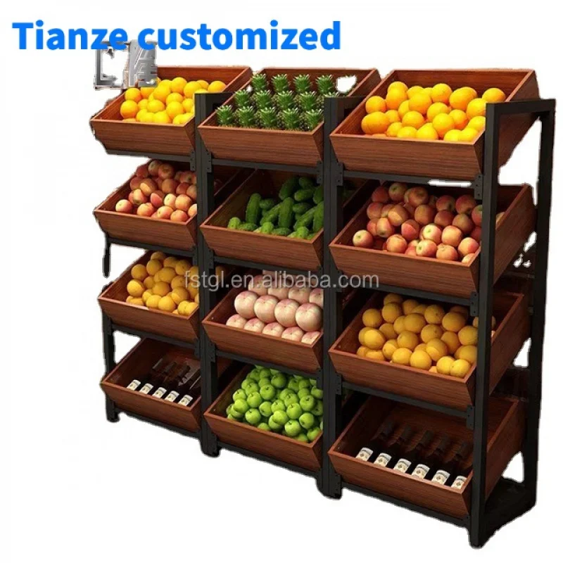 

[Customized]New-Style Heavy-Duty Adjustable Metal Wood Vegetable and Fruit Display Shelf Double-Sided Rack Supermarkets OEM