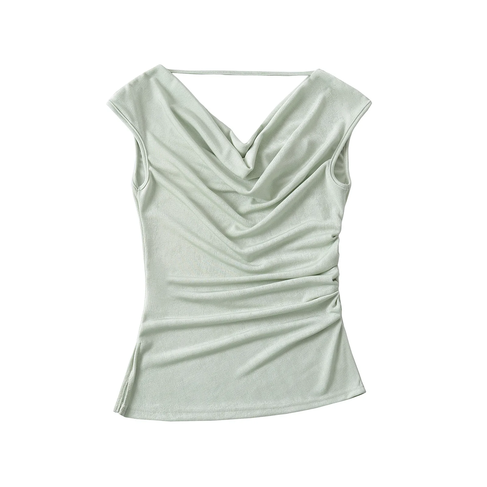 Purely alluring summer style slim-fit three-way wear T-shirt top with a ruffled neckline off-shoulder design sleeveless ML0Q