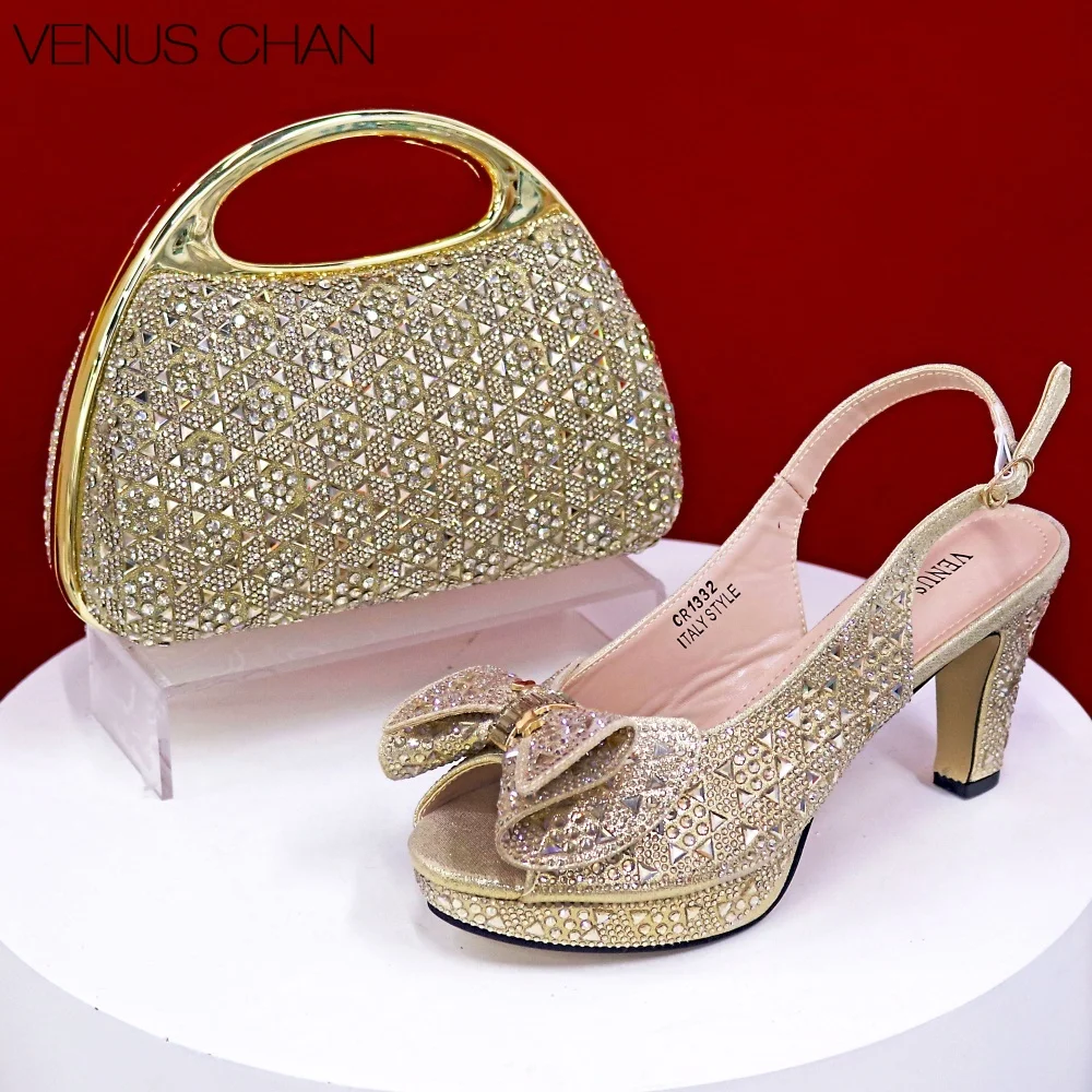 

Nigerian Women Heel Party Shoes and Bag Set Golden Colour Rhinestone Handbag Italian Design Wedding INS 2026