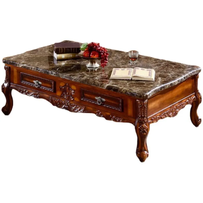

European Coffee Table, Sofa Living Room Coffee Table, American Carved Marble Retro Rectangular Tea Table Classical Tea Table