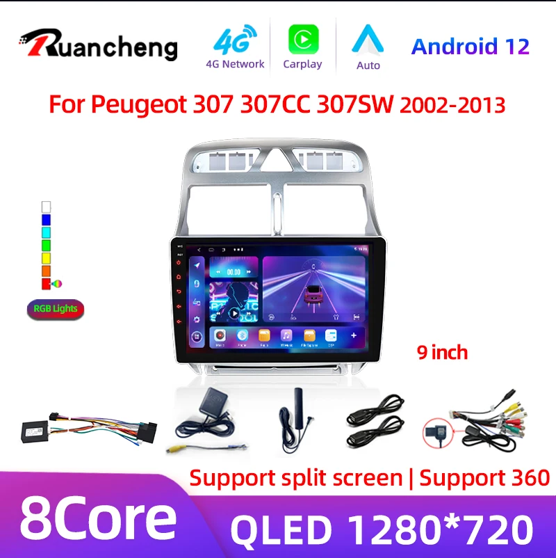 2DIN Carplay auto 4G NET+WiFi DSP Car Radio Multimedia For Peugeot 307 SW 307CC 307SW 2002 - 2013 Video Player Android 12 8Core