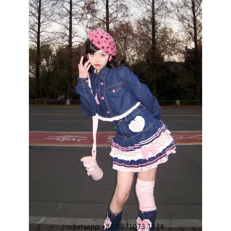 Japanese Sweet Lolita Mini Skirts Ball Gown Women Harajuku Cute Denim Skirt Preppy Style Girls High Waist Kawaii Lace Cake Skirt