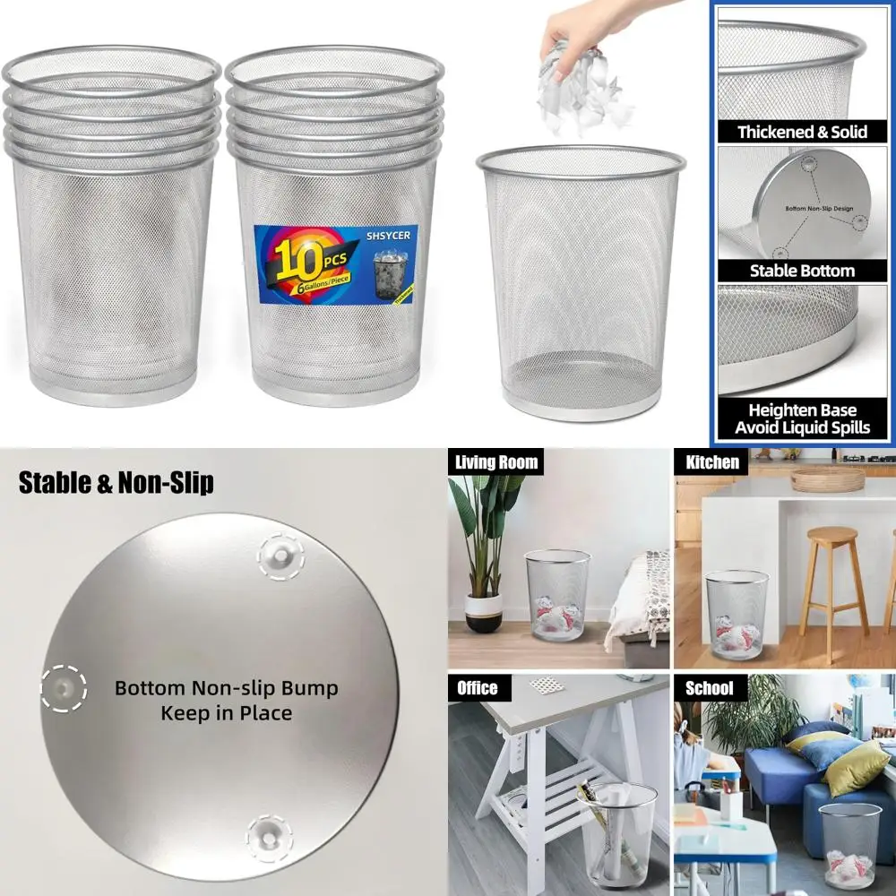 

Mesh Office Trash Cans, 10-Pack, 6 Gallon Capacity, Open Metal Wire Wastebaskets for Deskside Use, Suitable for Small Spaces