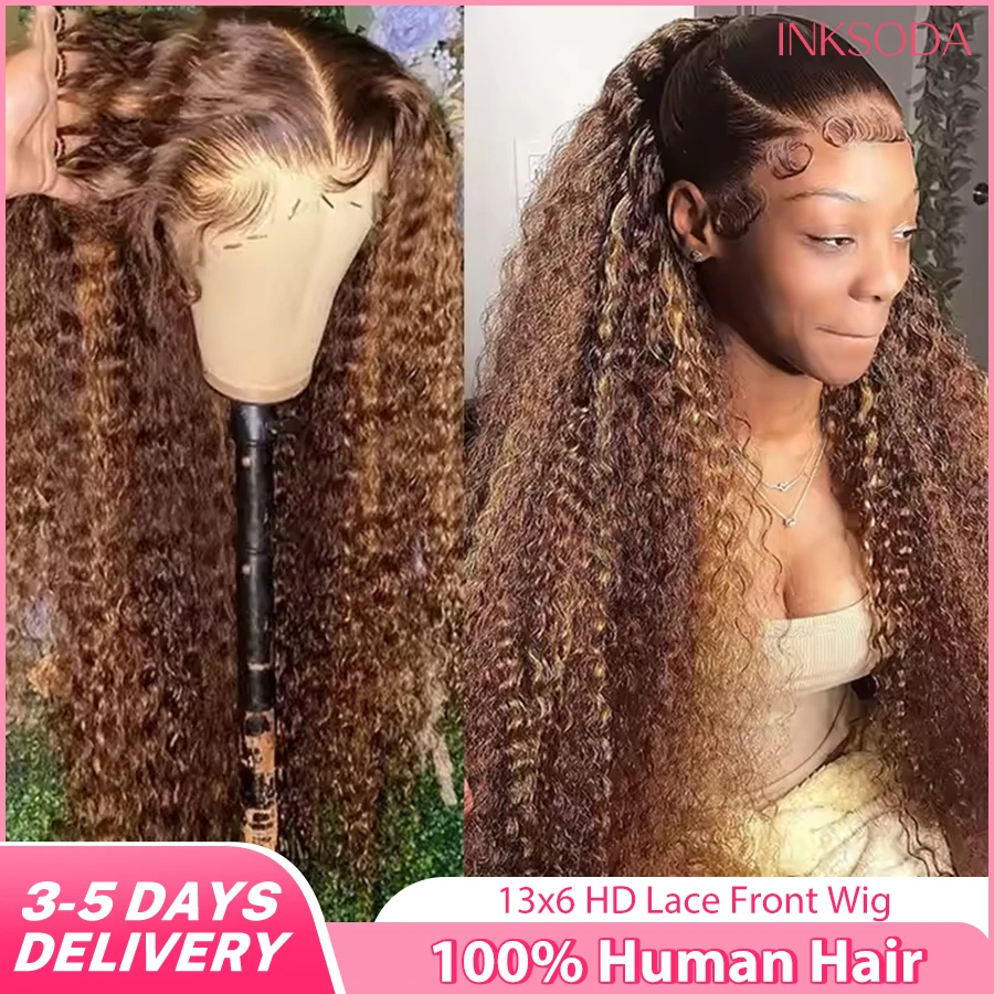 

Выделите вьющийся парик из человеческих волос Глубокая волна 13x6 HD Парик фронтальной части шнурка Цветной P4/27 Ombre Коричневый Блондин Парики фронта шнурка для женщин