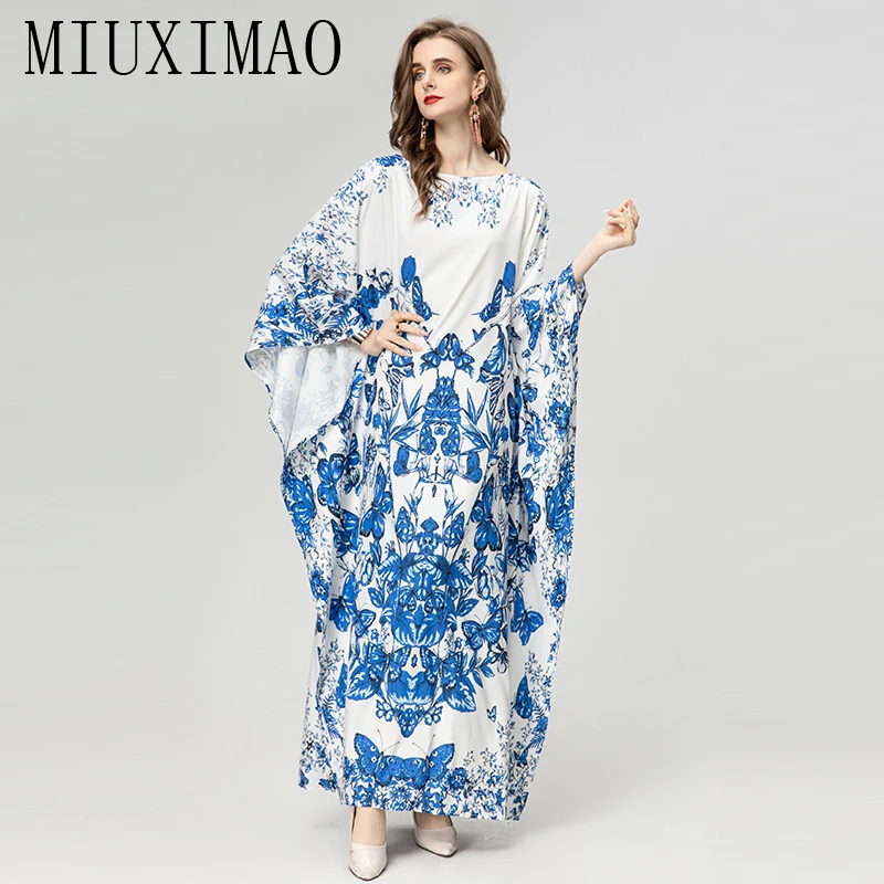 MIUXIMAO 2024 High Quality Plus Size Dress O-neck Batwing Sleeve Maxi Dress Women Butterfly  Flower Print Kaftan Long Dress