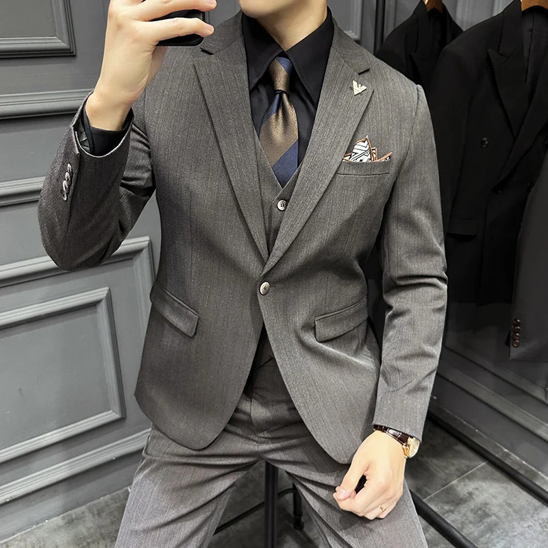 2023 Autumn 3 Piece Suit (Jacket+vest+Pants) Men Brand Single Buckle Striped Casual Business Formal Party Prom Suit Men Clothing