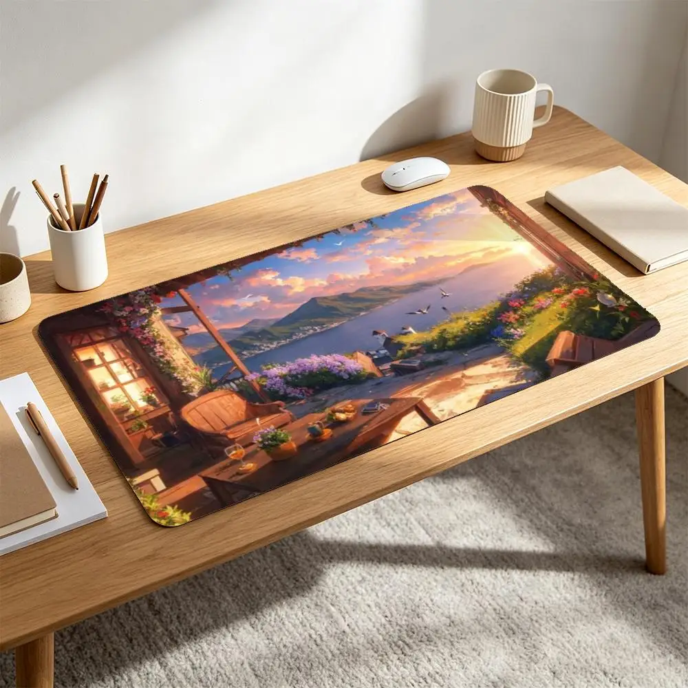 Anime Sunset Seaside Terrace Large Mouse Pad Anti‑Slip Rubber Desk Mat Ocean Mountain Floral Scenery Gaming Keyboard Mousepad