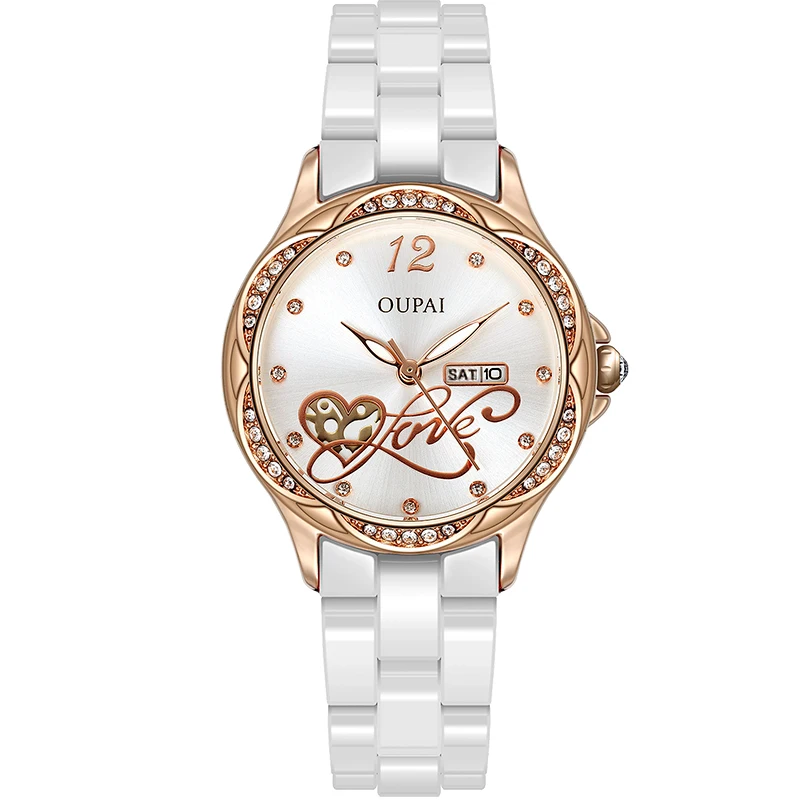 OUPAI-Reloj de esfera redonda para mujer, accesorio de cerámica con diamantes de imitación, exquisito, luminoso, resistente al agua, calendario semanal, a la moda y elegante