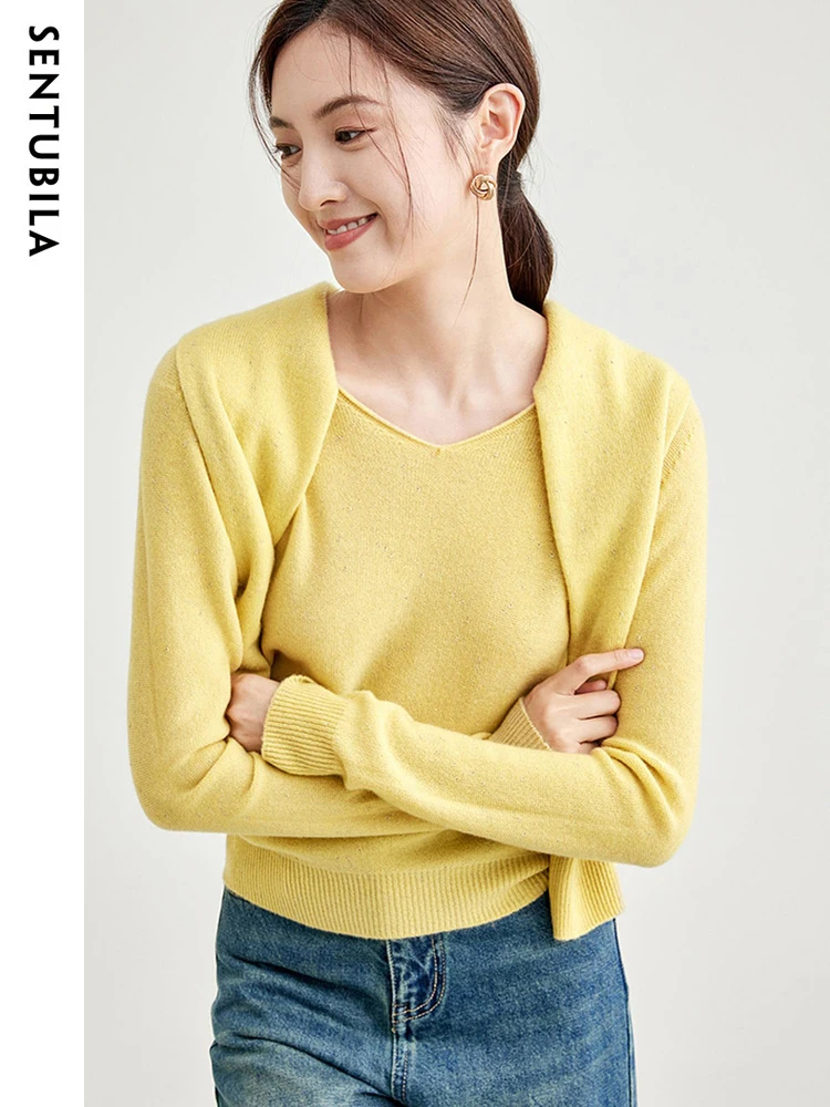 SENTUBILA 92.5% Wool Blend Base Knit Tops for Women 2024 Autumn Winter V-neck Stretch Long Sleeve Pullover Sweaters Knitwears