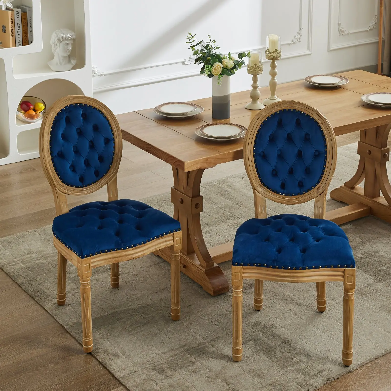 French Style Solid Wood Frame Antique Painting,Hand-pulled buckle decoration Velvet Dining Chair Nailhead Trim ,Wood Legs