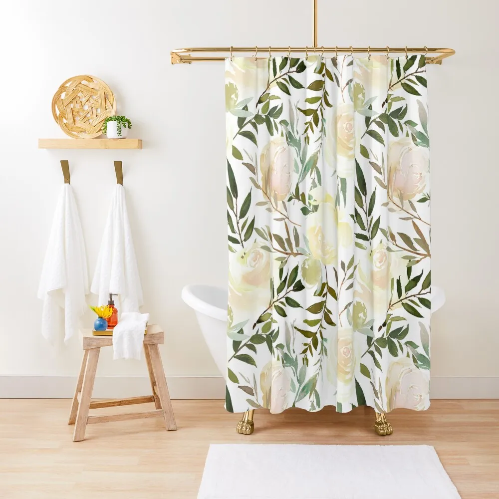 

Modern blush yellow pink green watercolor botanical pattern Shower Curtain Bathtub Shower For Bathroom Luxury Bathroom Curtain