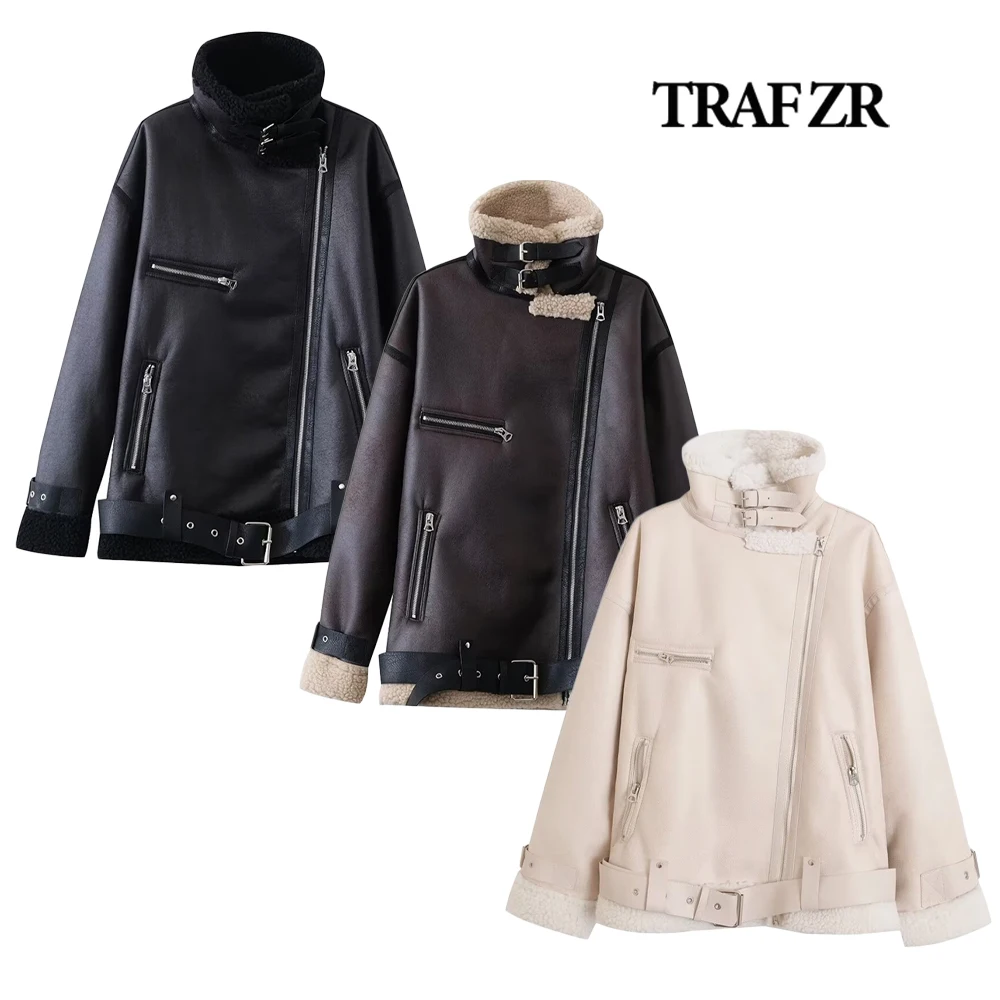 

TRAF ZR Comfy Faux Leather and Fur Women's Winter Coats Front Zipper Pockets 2024 Synthetic Fur Jacket Tonal Belt with Buckle