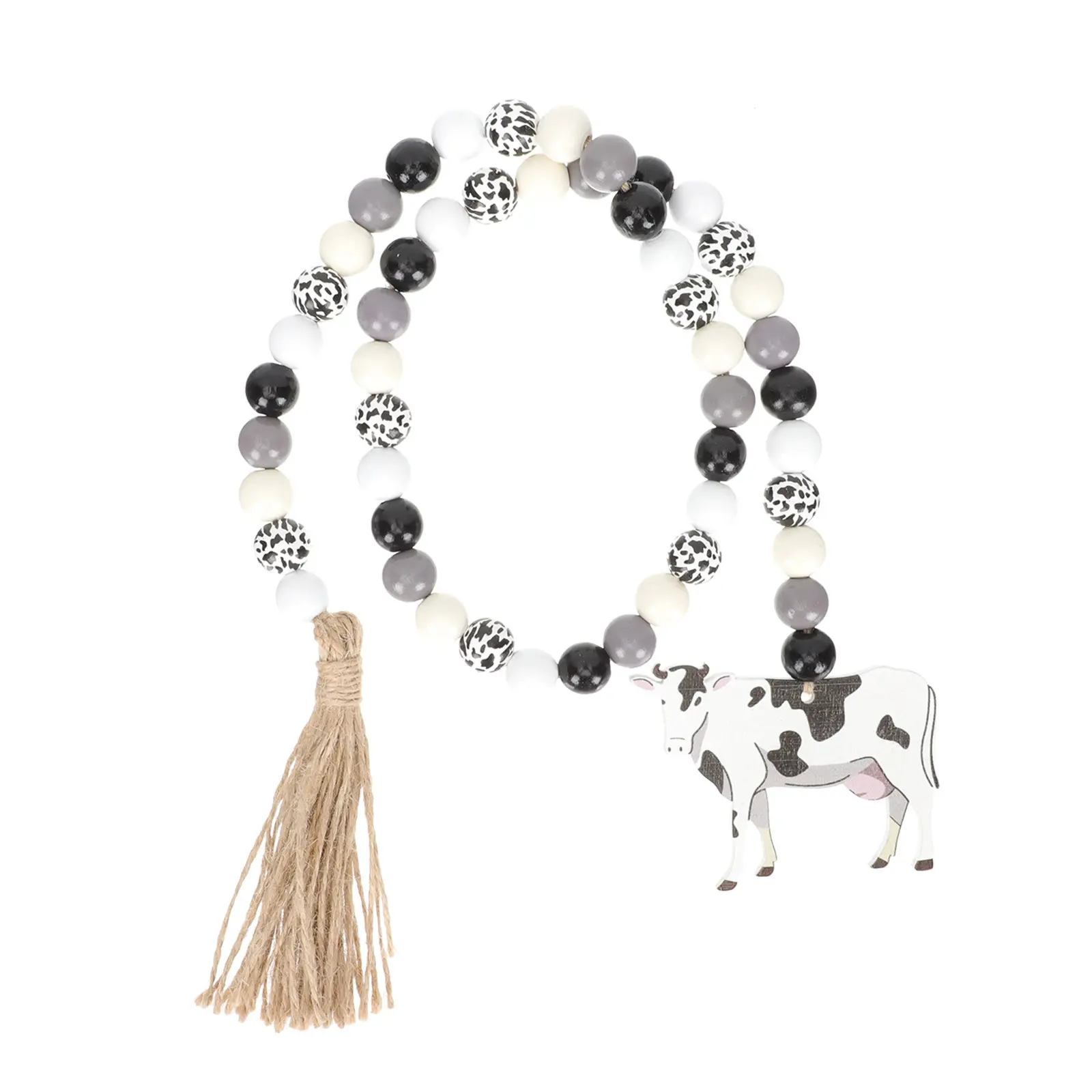 Delicate Wood Beads String Hanging Decor Pastoral Style Cow Pendant Tassel Rustic Wooden Bead Garland Party Wall Hanging