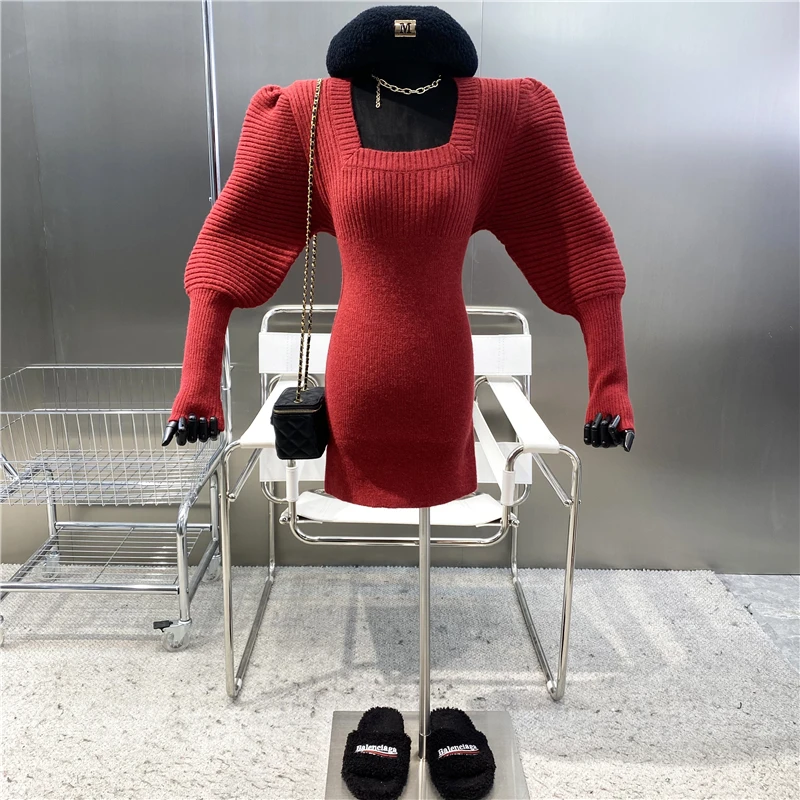 

New 2021 Fashionable Square Neck Bubble Sleeve Hip Wrapped Knitted Skirt Gentle Style Slim Slim Thickened Wool Dress