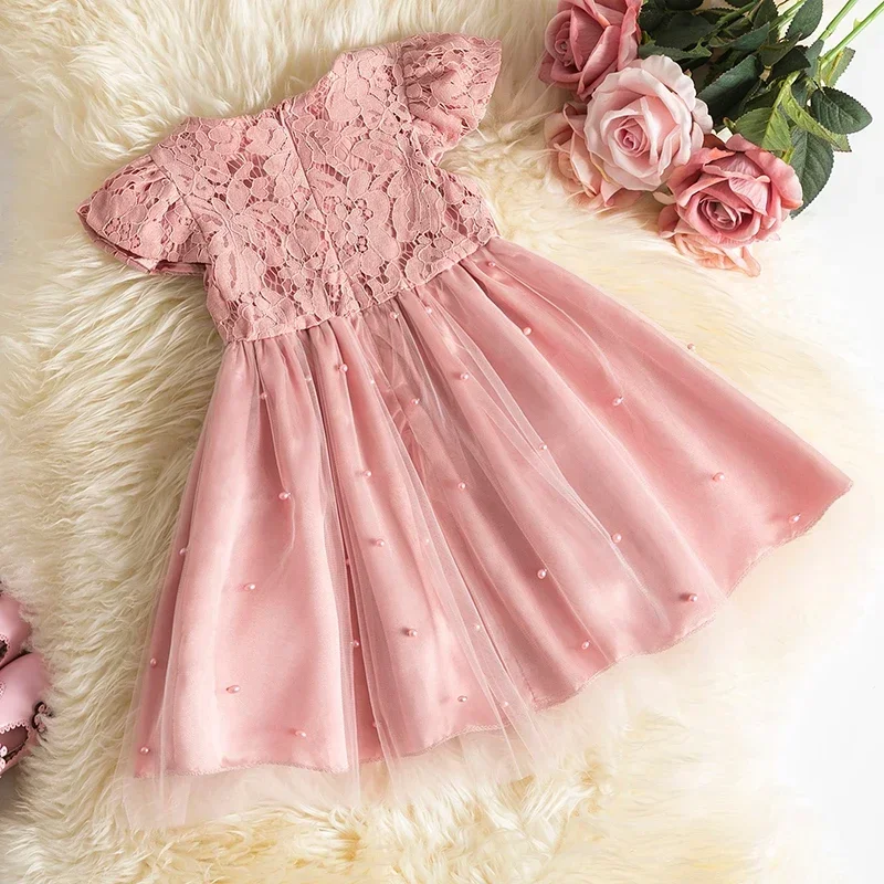 Summer Princess Infant Baby Girls Dress Ruffles Sleeves Solid Pearl Tulle Party Lace Patchwork Back Bowknot Tutu Dress 1-5 Years