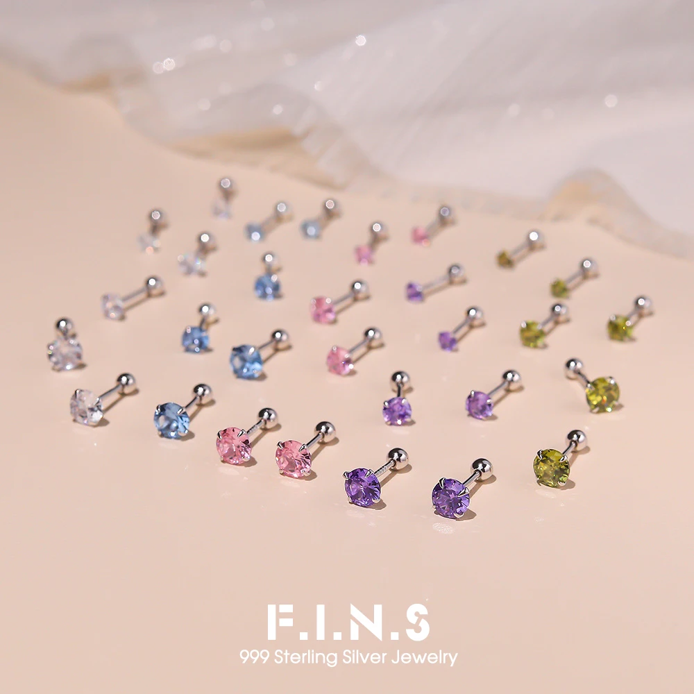 

F.I.N.S Original S999 Sterling Silver Colored Zircon Screw Stud Earrings for Women Versatile 3MM 4MM 5MM Mini Ear Piercing Jewel