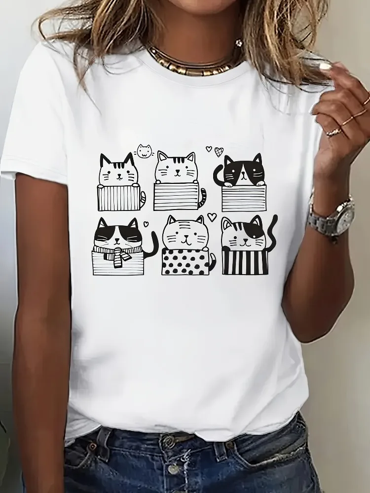 

WomenCute Cat Print TShirt Round Neck Short Sleeve Casual Top Features Unique Cat Illustration Fashionable Harajuku-Style Shirt