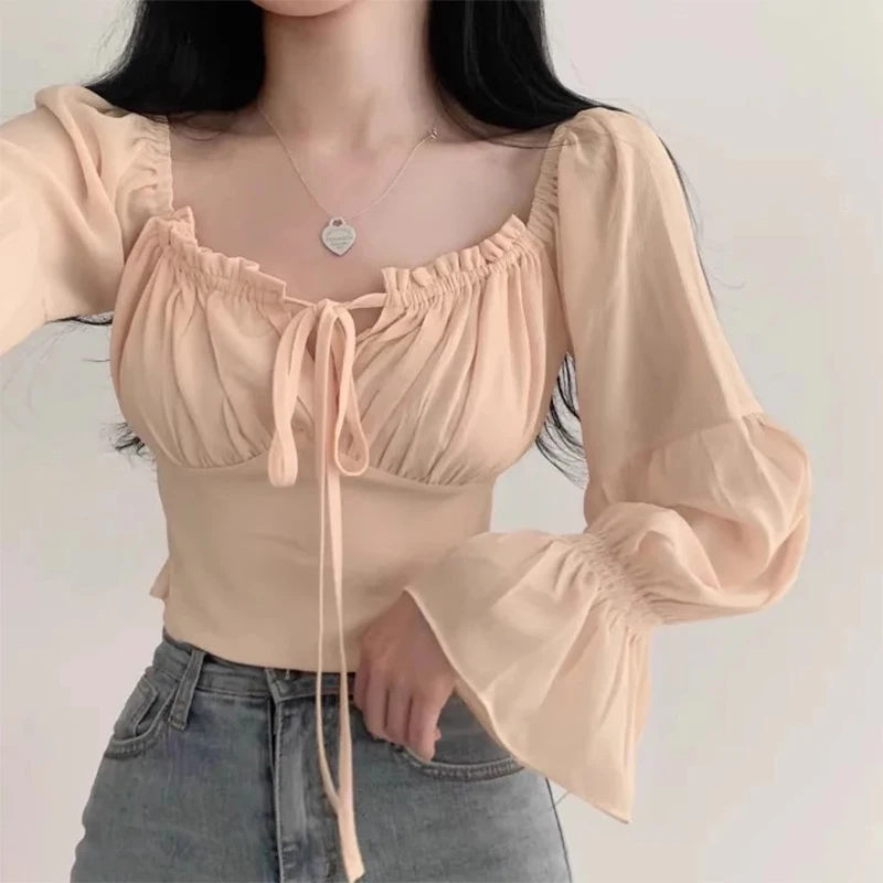 KUSAHIKI Korean Chic Spring Fashion Lace Up Off Shoulder Shirt Women\'s Slim Fit Flare Sleeve Short Top 2024 New Blusas De Mujer