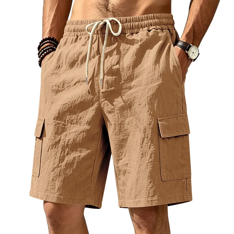 American Multi-Pocket Overalls Men's Outdoor Sports and Leisure Loose Solid Color Linen Overalls Five-Point Shorts