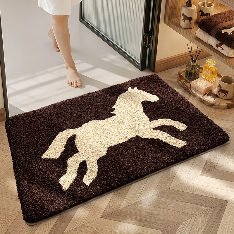 Bathroom Rug Cartoon Horse, Thick Dense Flocking Bath Mat, Absorbent Soft Non-Slip Floor Mat, Skin-Friendly Antibacterial Carpet