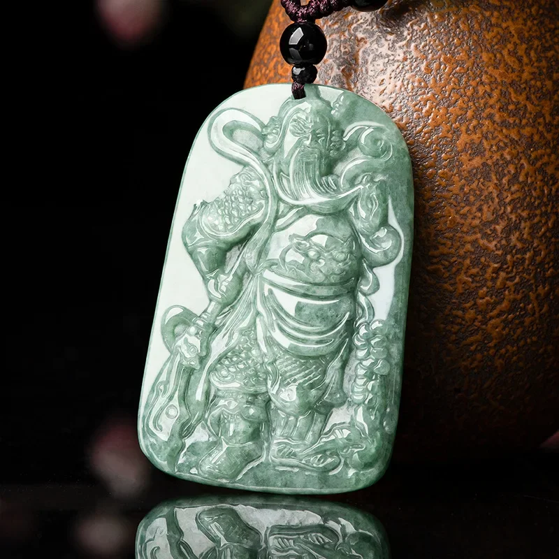 Jia Le/ Hand-carved/ Natural  Emerald Wu Caishen Guan Gong Jade Necklace Pendant Men Women Fine Jewelry Pingan Amulet Gift