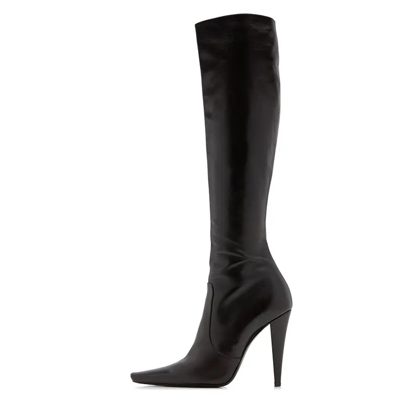 Botas Retro de Mujer hasta la Rodilla, Punta Cuadrada Puntiaguda, Tacón Súper Alto, Caña Holgada, Botas de Piel Sintética con Estampado de Serpiente, Color Sólido Uniforme