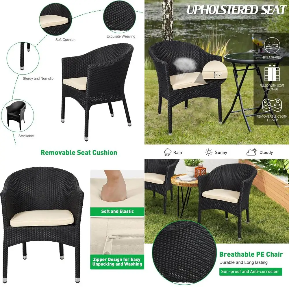 

4-Piece Outdoor Rattan Dining Set with Cushions, Weather-Resistant Wicker Chairs for Patio or Garden (Black), Ready to Use