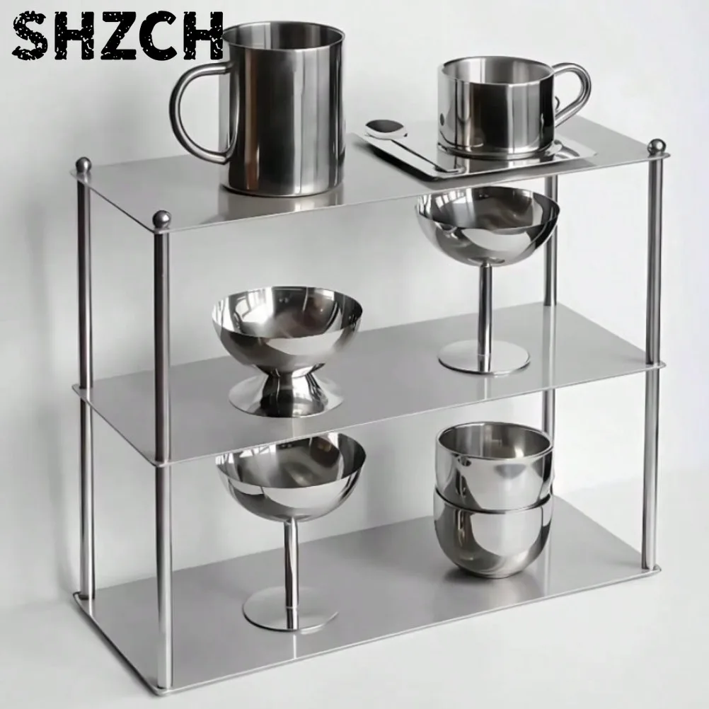 Minimalistische Edelstahlregale Dreischichtiges Aufbewahrungsregal Vintage Tassenorganizer Kosmetik-Aufbewahrungsregal Küchenzubehör