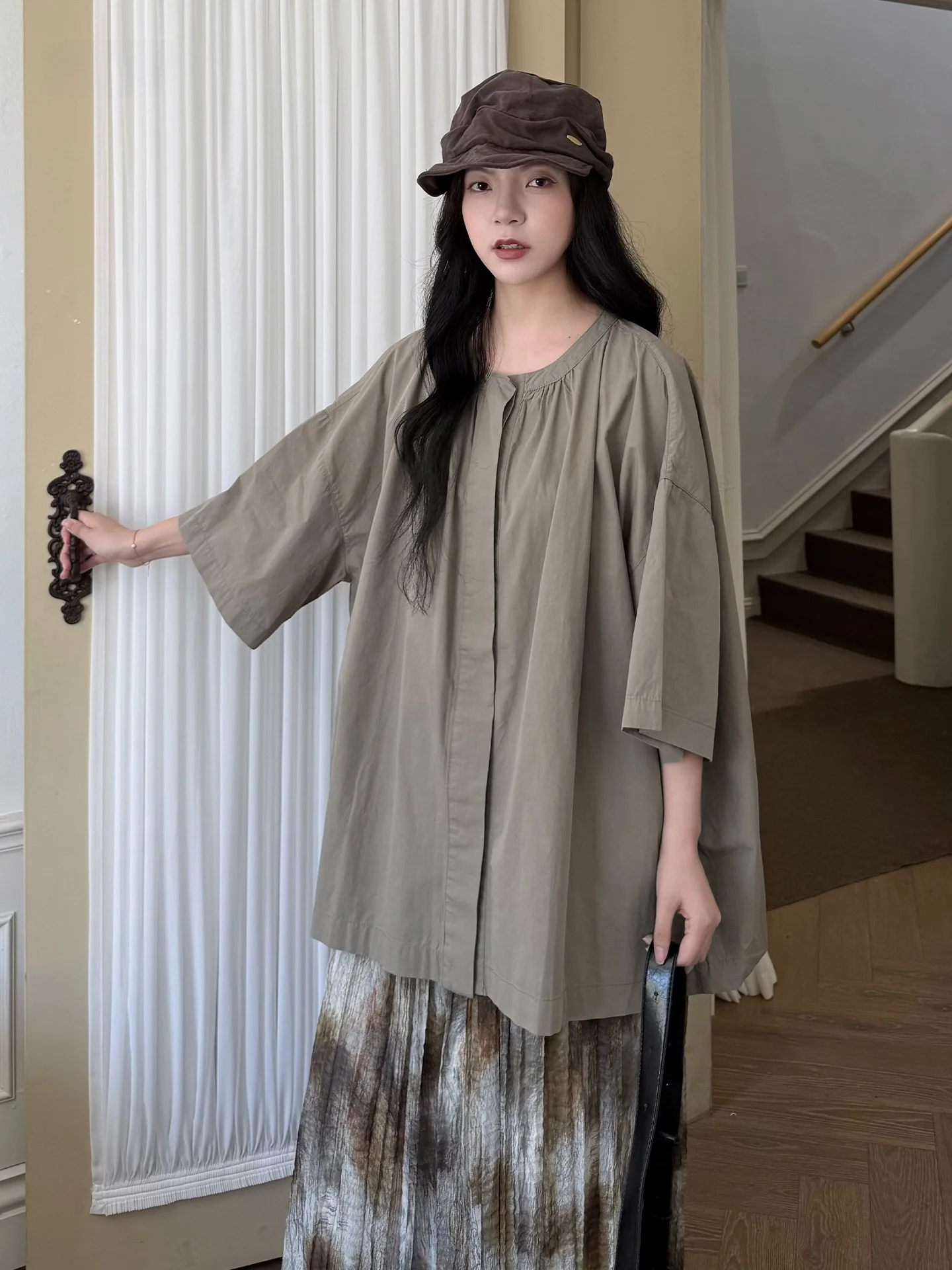 

Loose Wide Version round Neck Short Sleeve Shirt Land And Mountain New Arrival Casual Style Cotton Fabric Women's Shirt