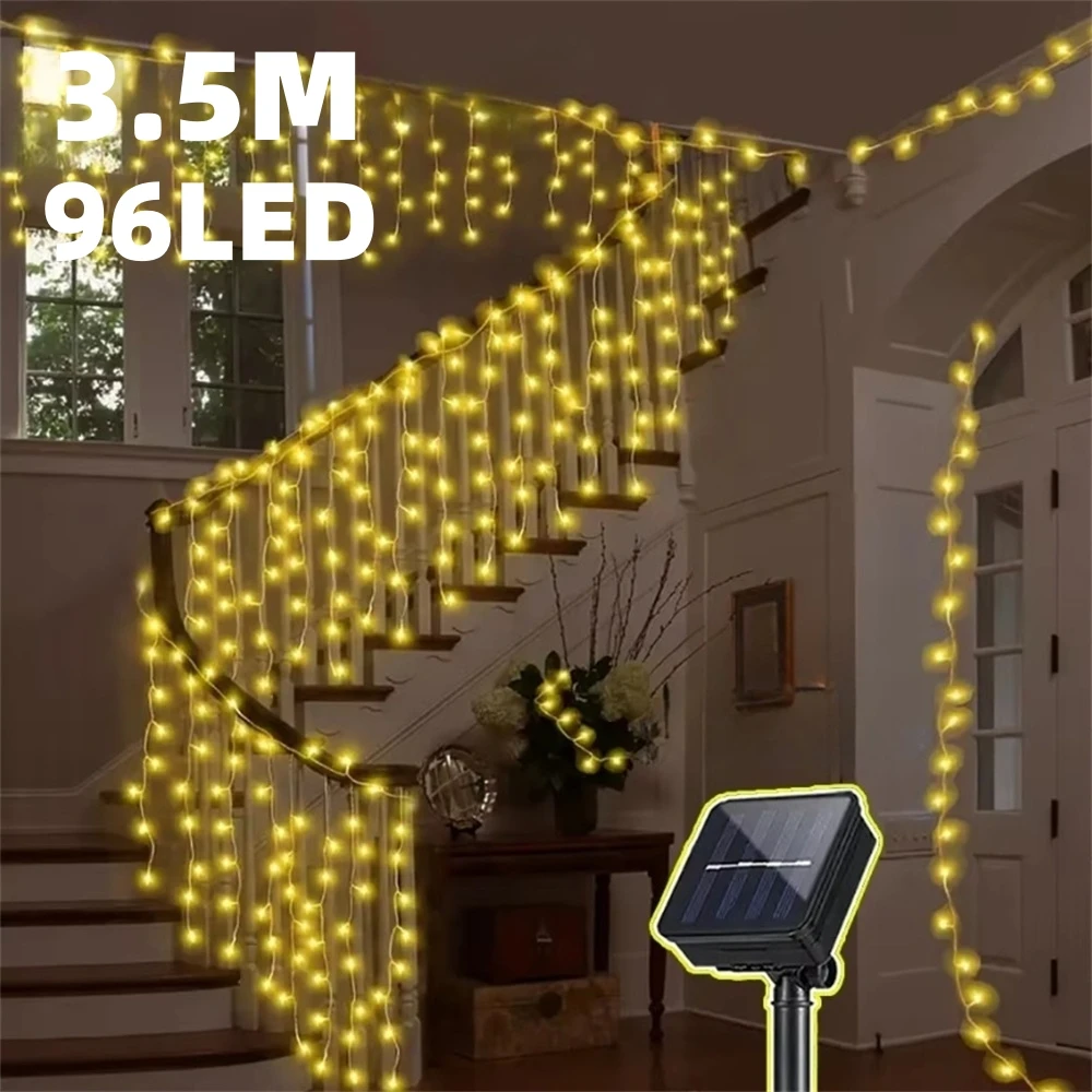 Solar Icicle String Lights Outdoor Waterproof 3.5M 96 LEDs Decorative Curtain Light for Yard Garden Party Wedding Indoor Decorat