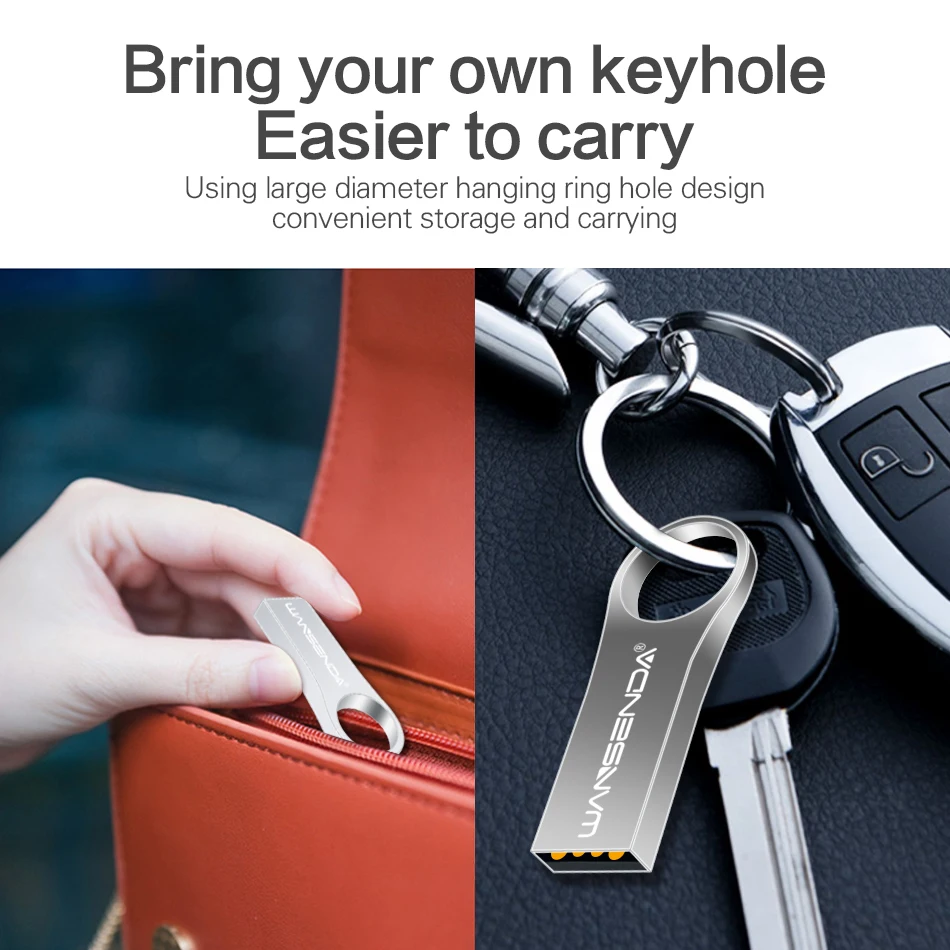 Wansenda-キーリング付きポータブルUSBフラッシュドライブ、金属ペンドライブ、メモリスティック、2.0サムドライブ、8GB、16GB、32GB、64GB、128GB