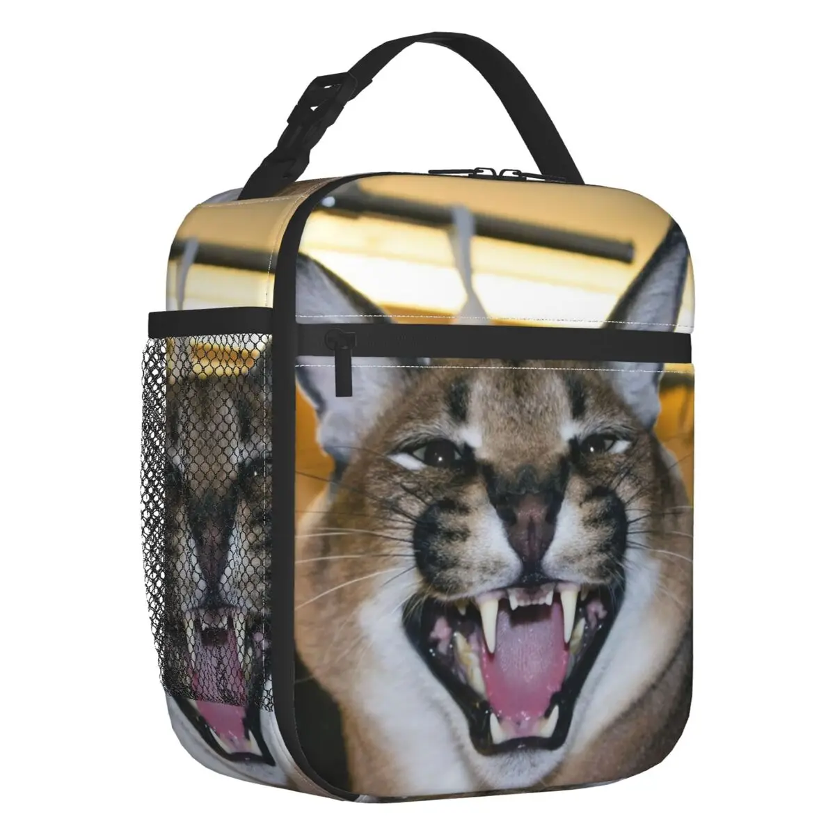 Big Floppa Caracal Cat Meme Portable Lunch Boxes Multifunction Thermal Cooler Food Insulated Lunch Bag Kids School Children