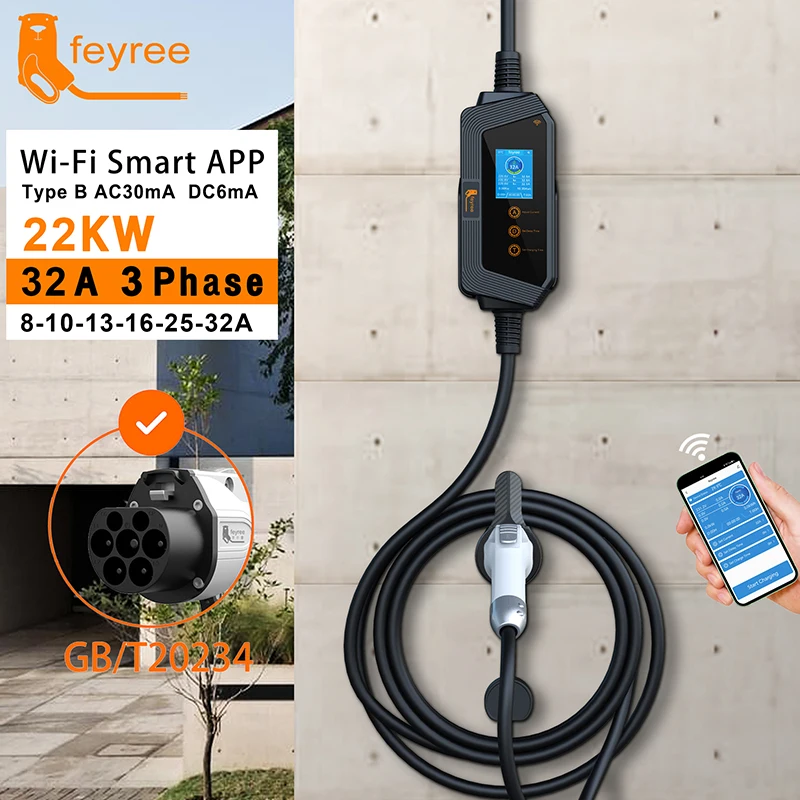 

feyree Portable EV Charger GBT Plug Fast 22KW 32A 3Phase Adjusting Current Wi-Fi Smart APP Control Electric Car Charging Station