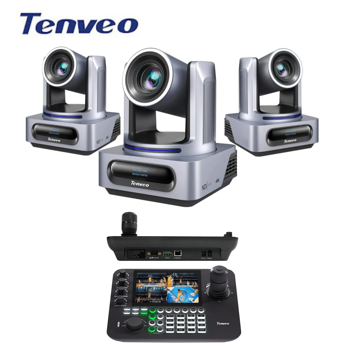 Tenveo VX20M*3 NDI 4K Conference Camera AI 20X Zoom and KB300PRO 7 Inch 4-Split-LCD 4D Joystick  NDI PTZ Camera Controller
