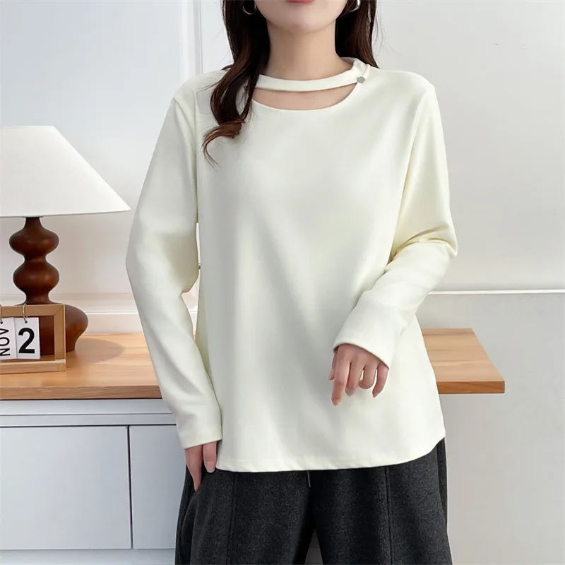 XXXXL موضة حجم كبير ملابس نسائية تي شيرت 2025 تصميم أنيق شتوي مع قاعدة مجوفة وأكمام طويلة 8095 #2