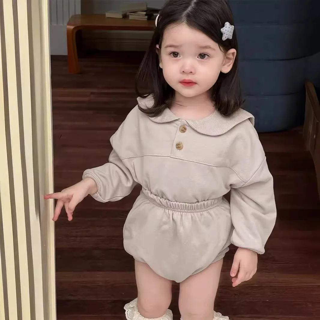 

Children Set Autumn Clothes 2024 Autumn New Baby Rompers Two-piece Set Korean Solid Peter Pan Collar Top Two Piece Set